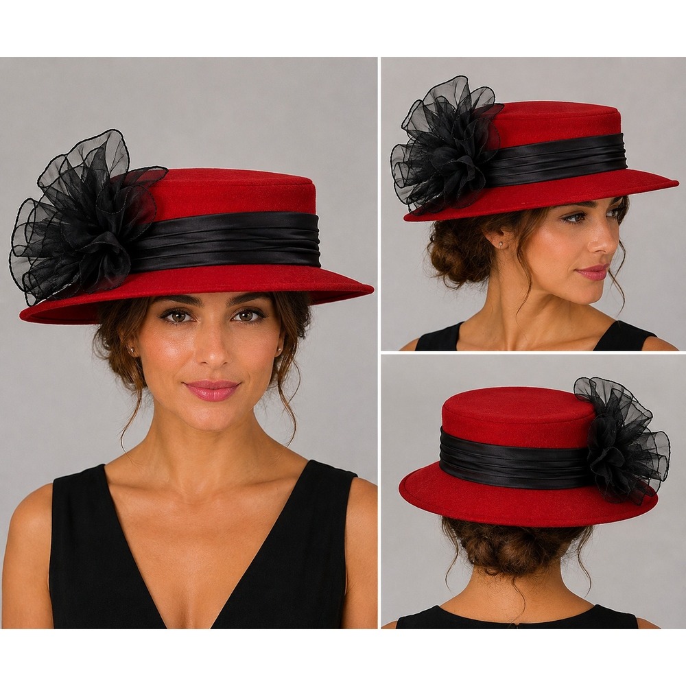 Sonni San Francisco Red Wool Felt Hat Black Organza Flower Boater Vintage Hat